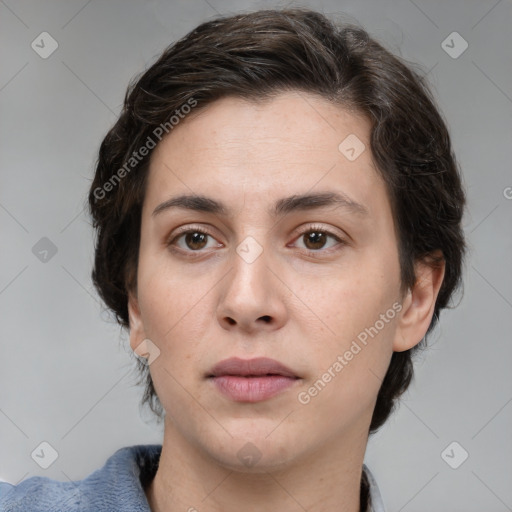 Neutral white young-adult female with medium  brown hair and brown eyes