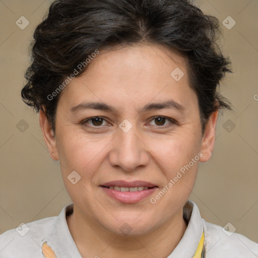 Joyful white adult female with short  brown hair and brown eyes