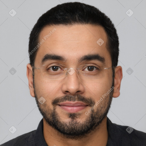 Neutral latino young-adult male with short  black hair and brown eyes