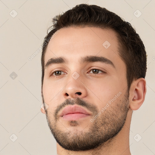 Neutral white young-adult male with short  brown hair and brown eyes