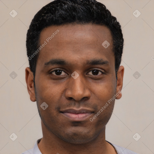 Neutral black young-adult male with short  black hair and brown eyes
