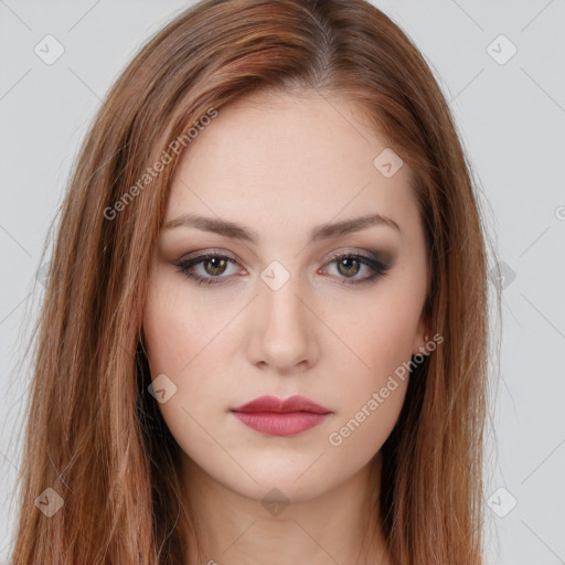 Neutral white young-adult female with long  brown hair and brown eyes