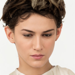 Neutral white young-adult female with short  brown hair and brown eyes