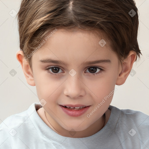 Joyful white child female with short  brown hair and brown eyes