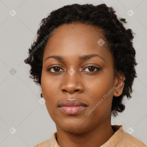 Neutral black young-adult female with short  black hair and brown eyes