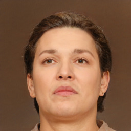 Neutral white adult female with short  brown hair and brown eyes