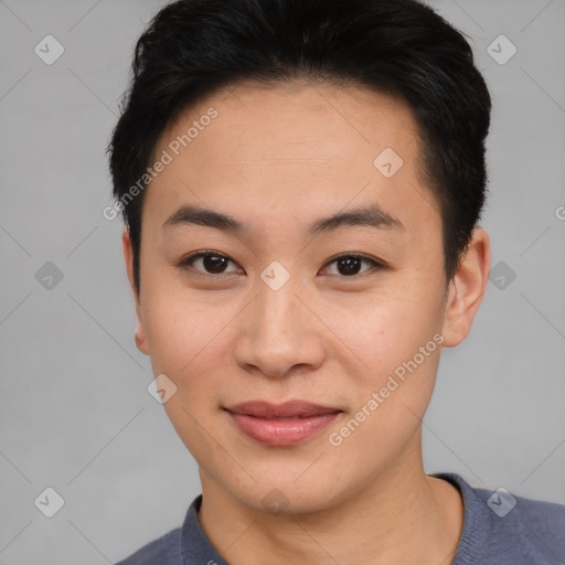 Joyful asian young-adult female with short  brown hair and brown eyes