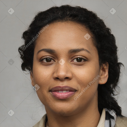 Joyful latino young-adult female with long  black hair and brown eyes