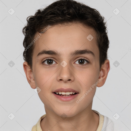 Joyful white child male with short  brown hair and brown eyes