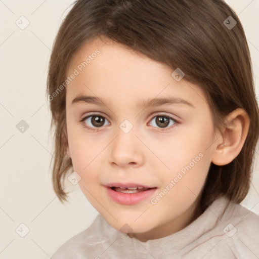 Joyful white child female with medium  brown hair and brown eyes