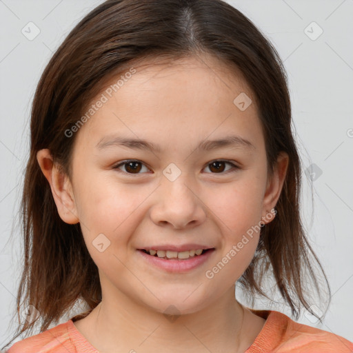 Joyful white child female with medium  brown hair and brown eyes