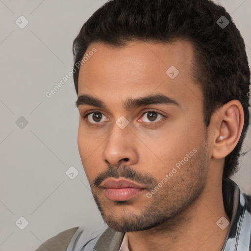 Neutral white young-adult male with short  black hair and brown eyes