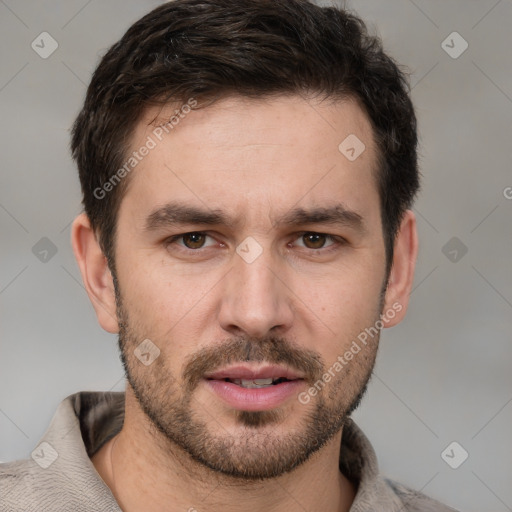 Neutral white young-adult male with short  brown hair and brown eyes