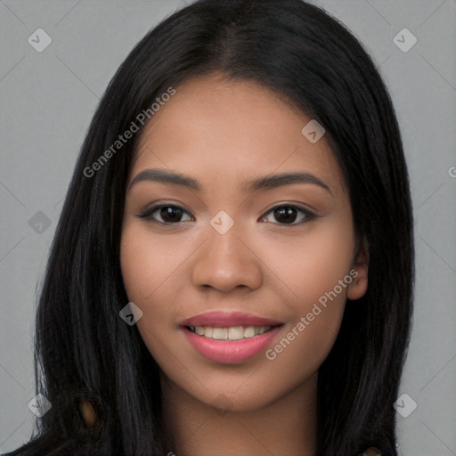 Joyful white young-adult female with long  black hair and brown eyes