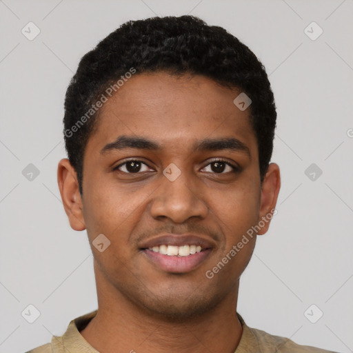 Joyful black young-adult male with short  black hair and brown eyes