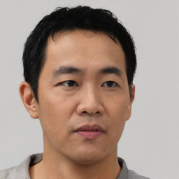 Neutral asian young-adult male with short  black hair and brown eyes