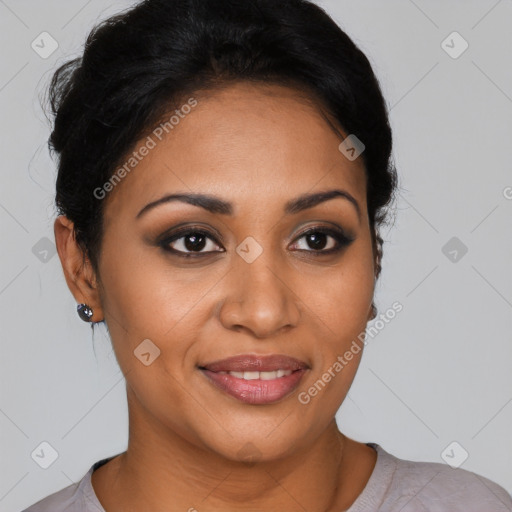 Joyful latino young-adult female with short  black hair and brown eyes