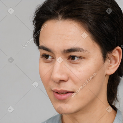 Joyful white young-adult male with medium  brown hair and brown eyes