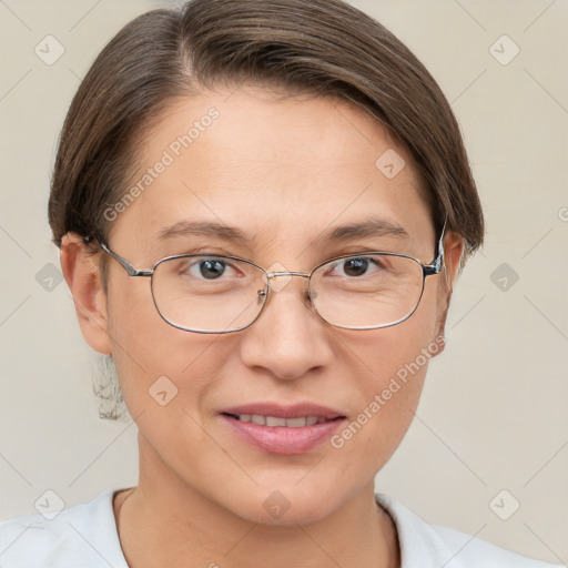 Joyful white adult female with short  brown hair and brown eyes