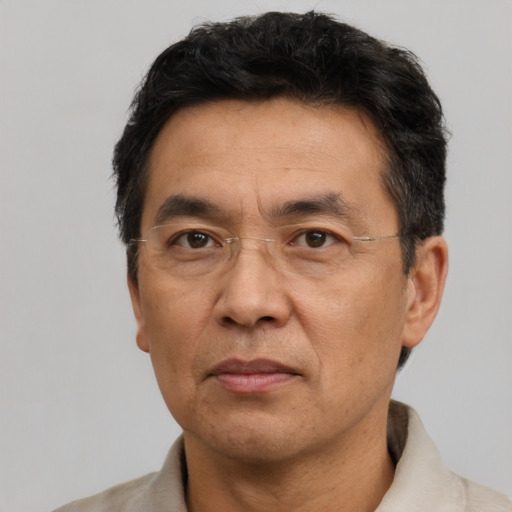 Neutral asian adult male with short  black hair and brown eyes