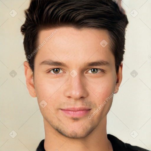 Neutral white young-adult male with short  brown hair and brown eyes