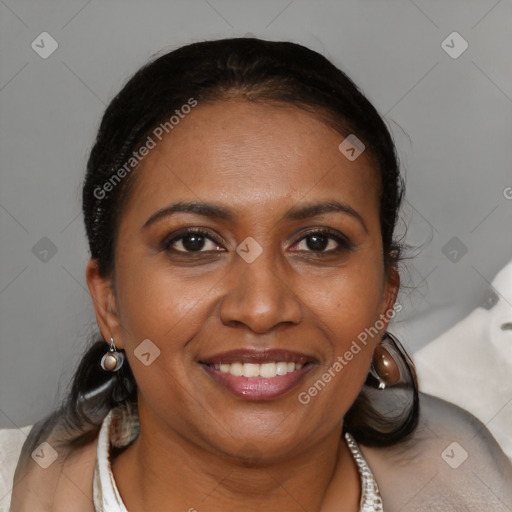 Joyful black young-adult female with long  brown hair and brown eyes