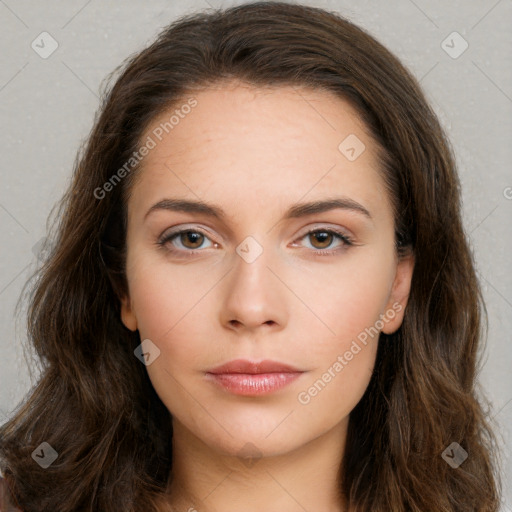 Neutral white young-adult female with long  brown hair and brown eyes