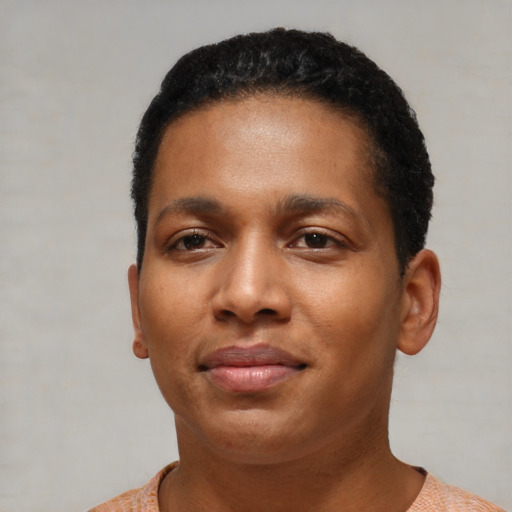 Neutral black young-adult female with short  black hair and brown eyes