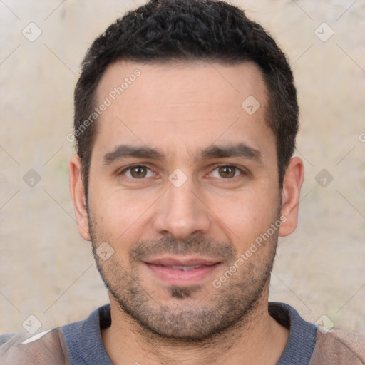 Joyful white young-adult male with short  black hair and brown eyes