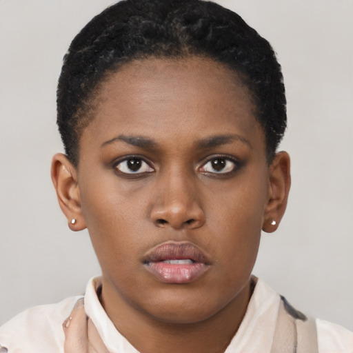 Neutral black young-adult female with short  brown hair and brown eyes