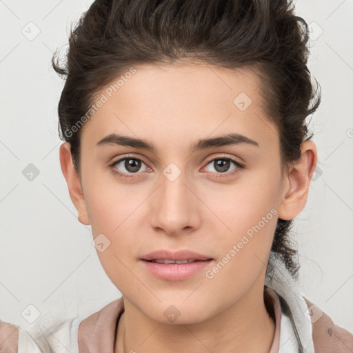 Neutral white young-adult female with long  brown hair and brown eyes