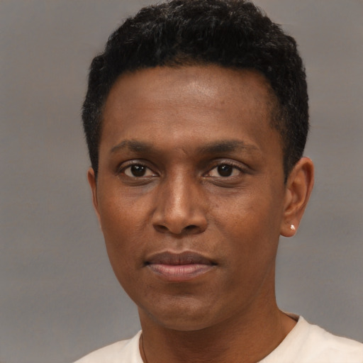 Joyful black young-adult male with short  black hair and brown eyes