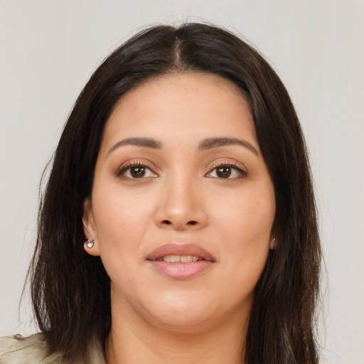 Neutral asian young-adult female with long  brown hair and brown eyes
