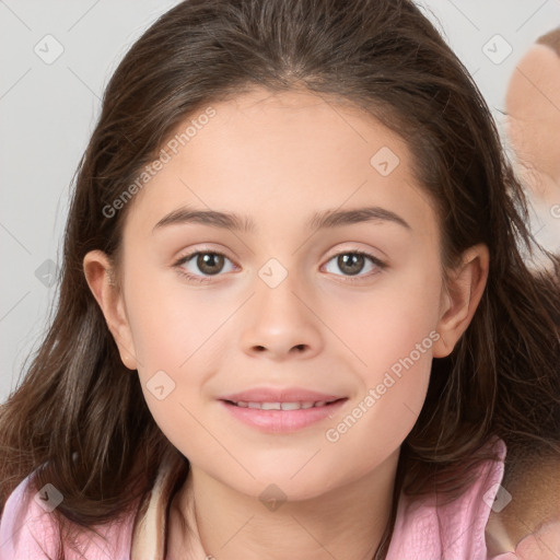 Joyful white child female with medium  brown hair and brown eyes