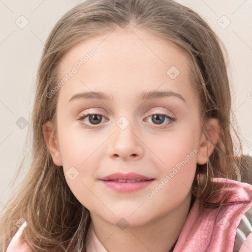 Joyful white child female with medium  brown hair and grey eyes