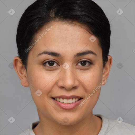 Joyful asian young-adult female with short  brown hair and brown eyes