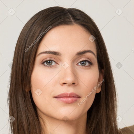 Neutral white young-adult female with long  brown hair and brown eyes