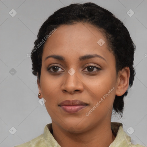 Joyful latino young-adult female with medium  black hair and brown eyes