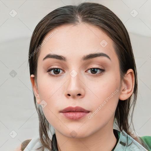 Neutral white young-adult female with medium  brown hair and brown eyes