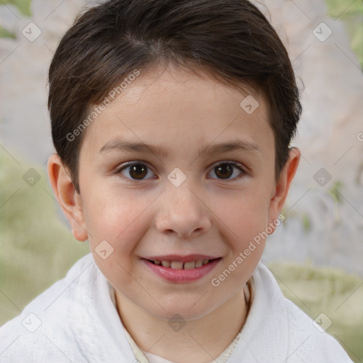 Joyful white child female with short  brown hair and brown eyes