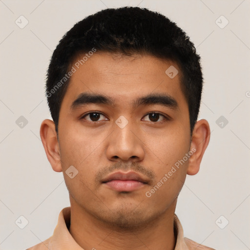 Neutral latino young-adult male with short  black hair and brown eyes