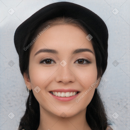 Joyful white young-adult female with long  black hair and brown eyes