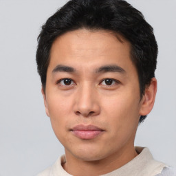 Neutral asian young-adult male with short  brown hair and brown eyes