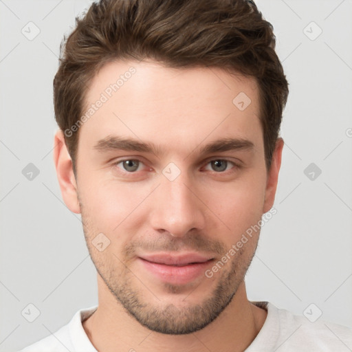 Neutral white young-adult male with short  brown hair and brown eyes