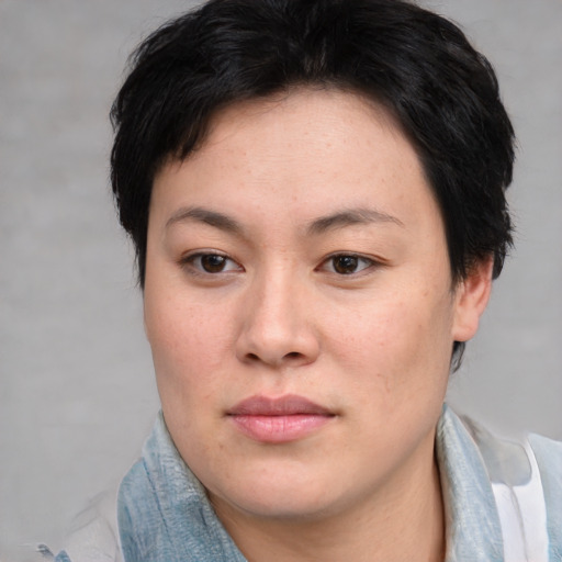 Joyful asian young-adult female with short  brown hair and brown eyes