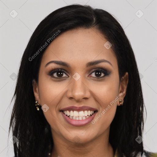 Joyful latino young-adult female with long  brown hair and brown eyes