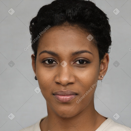 Joyful black young-adult female with short  black hair and brown eyes