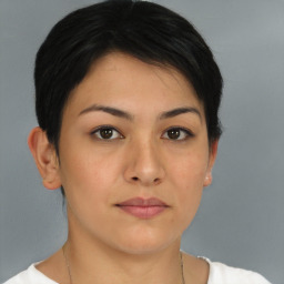 Neutral asian young-adult female with short  brown hair and brown eyes