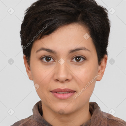 Joyful white young-adult female with short  brown hair and brown eyes