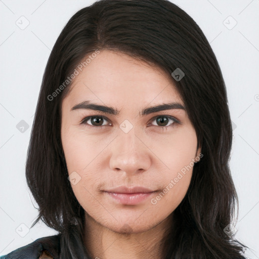 Neutral white young-adult female with long  brown hair and brown eyes